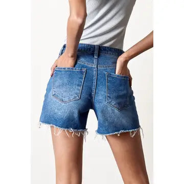High Rise Trim Midi Stretch Denim Shorts
