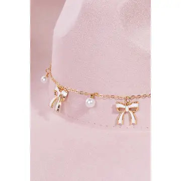Ribbon Bow Pearl Chain Cowboy Hat