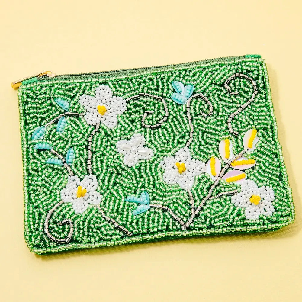Green Floral beaded coin purse