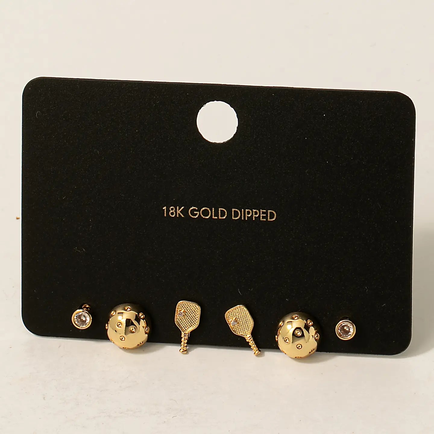 Gold Dipped Cz Studded Pickle Ball Themed Stud Earring Set