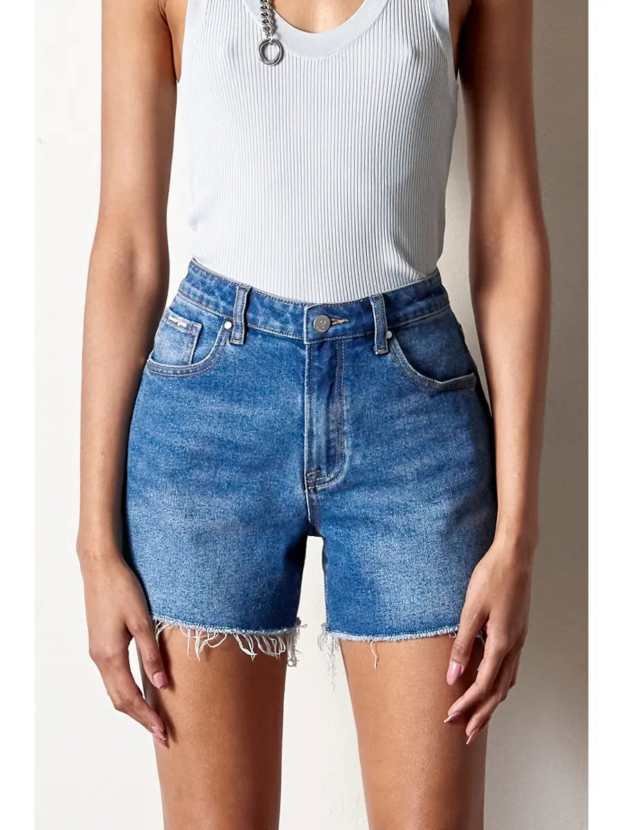 High Rise Trim Midi Stretch Denim Shorts