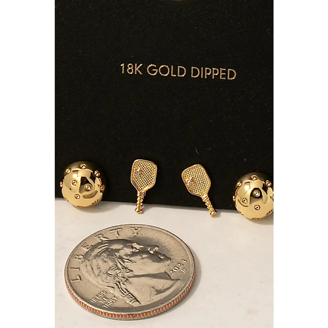 Gold Dipped Cz Studded Pickle Ball Themed Stud Earring Set
