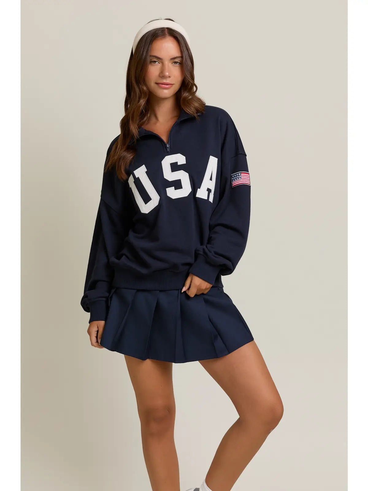 "USA" Contrast Long Sleeve Quarter Zip Oversized Sweatshirt