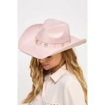 Ribbon Bow Pearl Chain Cowboy Hat