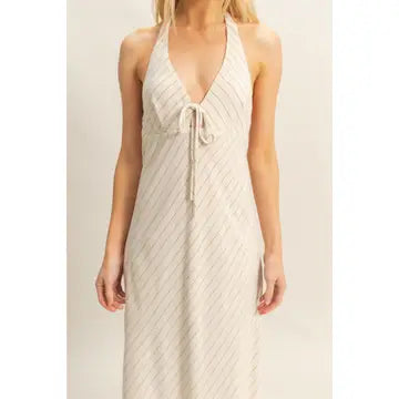 Striped Halter Neck Linen Maxi Dress