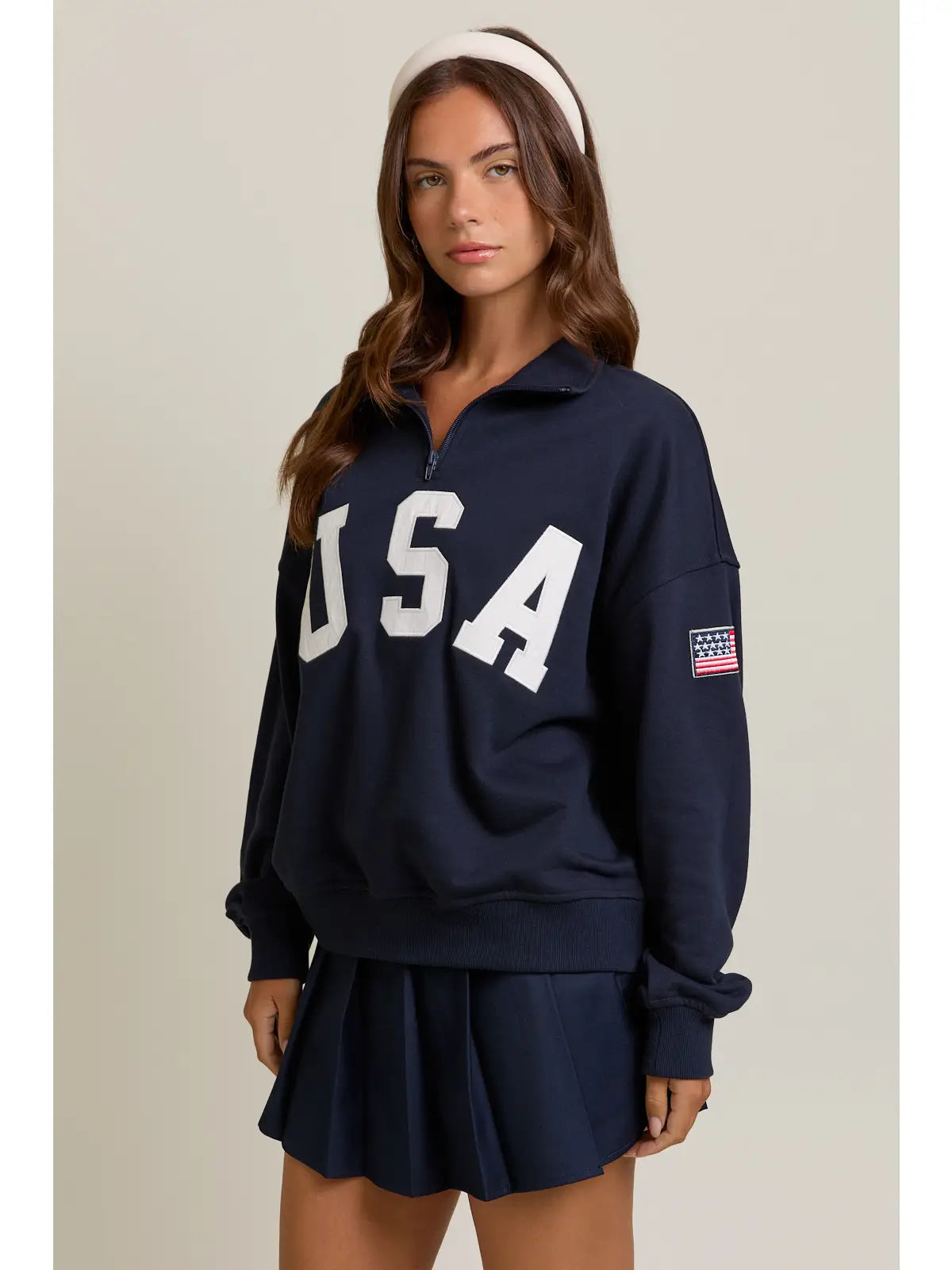 "USA" Contrast Long Sleeve Quarter Zip Oversized Sweatshirt