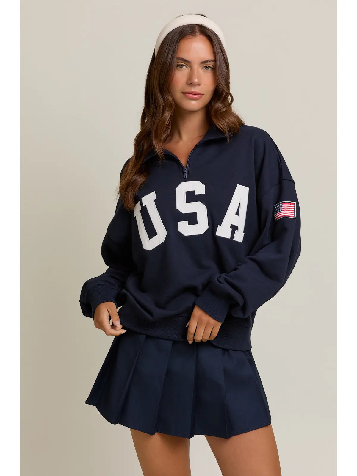 "USA" Contrast Long Sleeve Quarter Zip Oversized Sweatshirt