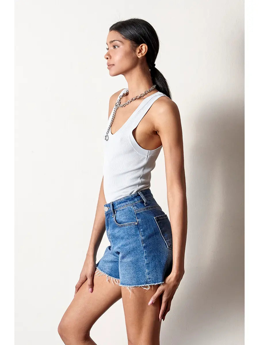 High Rise Trim Midi Stretch Denim Shorts