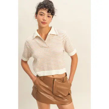 Striped Collared Short Sleeve Knit Top
