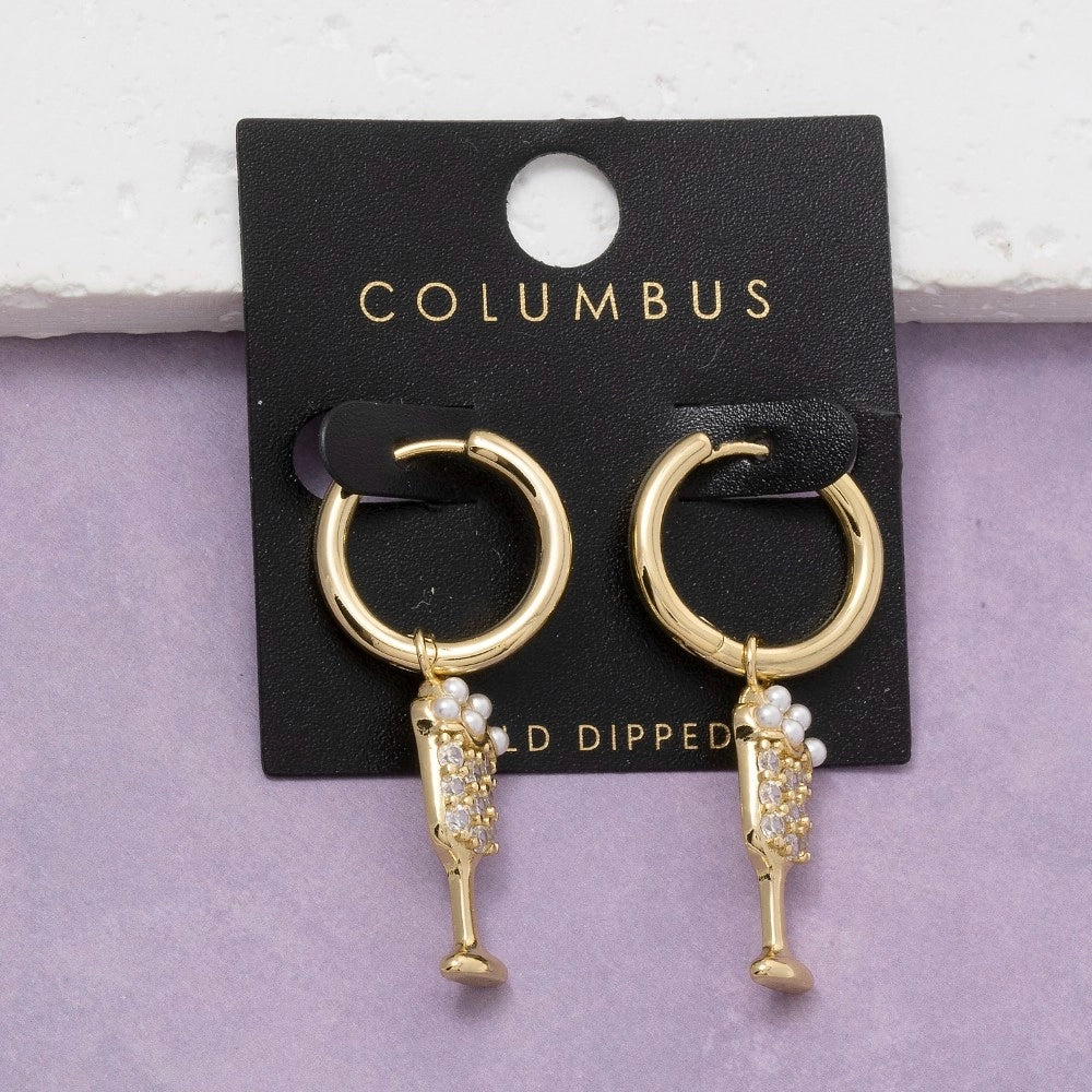 Gold Dipped Cz Pearl Champagne Charm Hoop Earrings