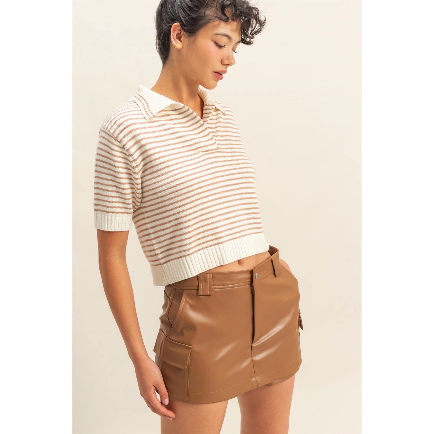 Striped Collared Short Sleeve Knit Top