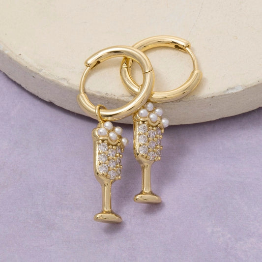 Gold Dipped Cz Pearl Champagne Charm Hoop Earrings