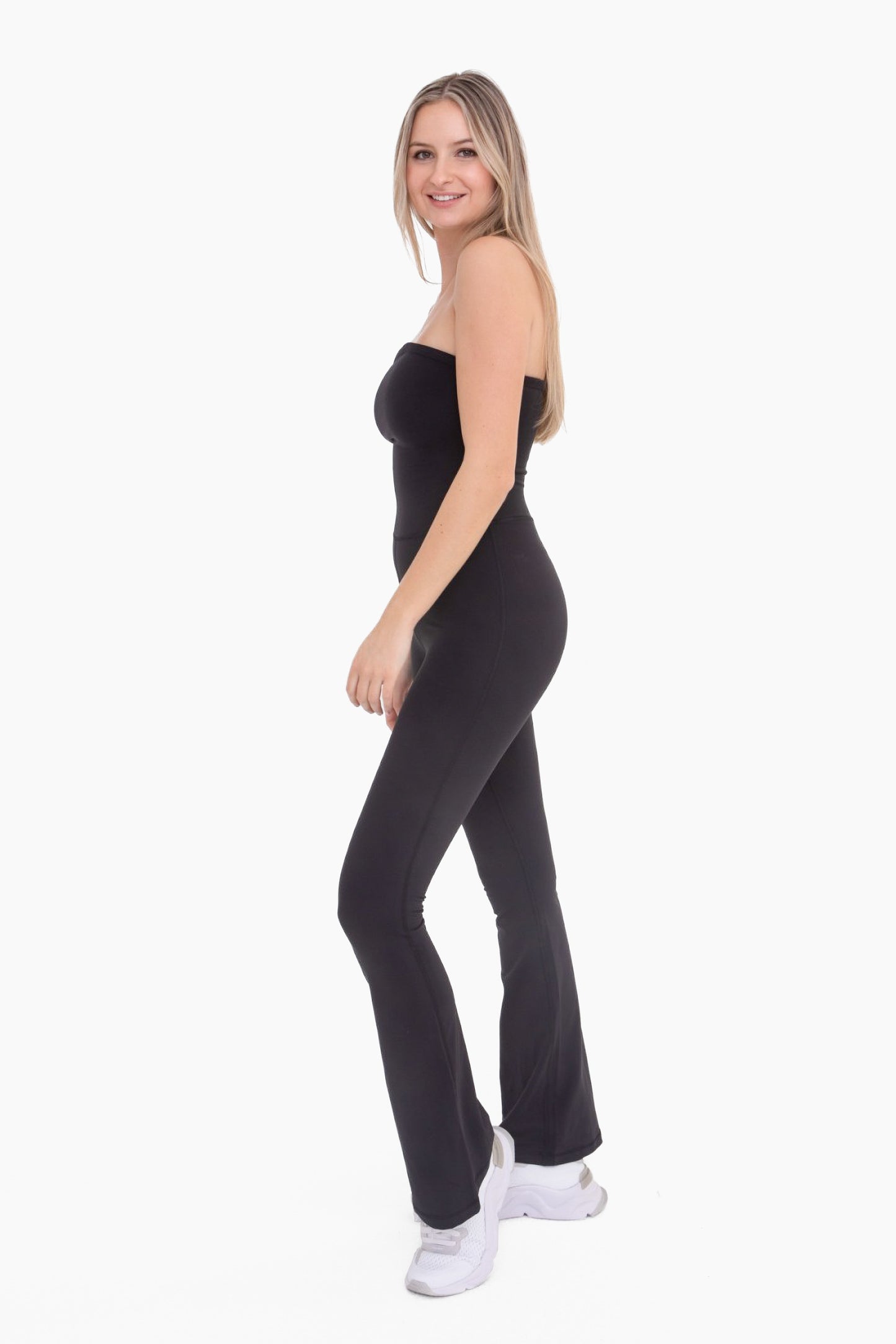 strapless full length flared jumpsuit