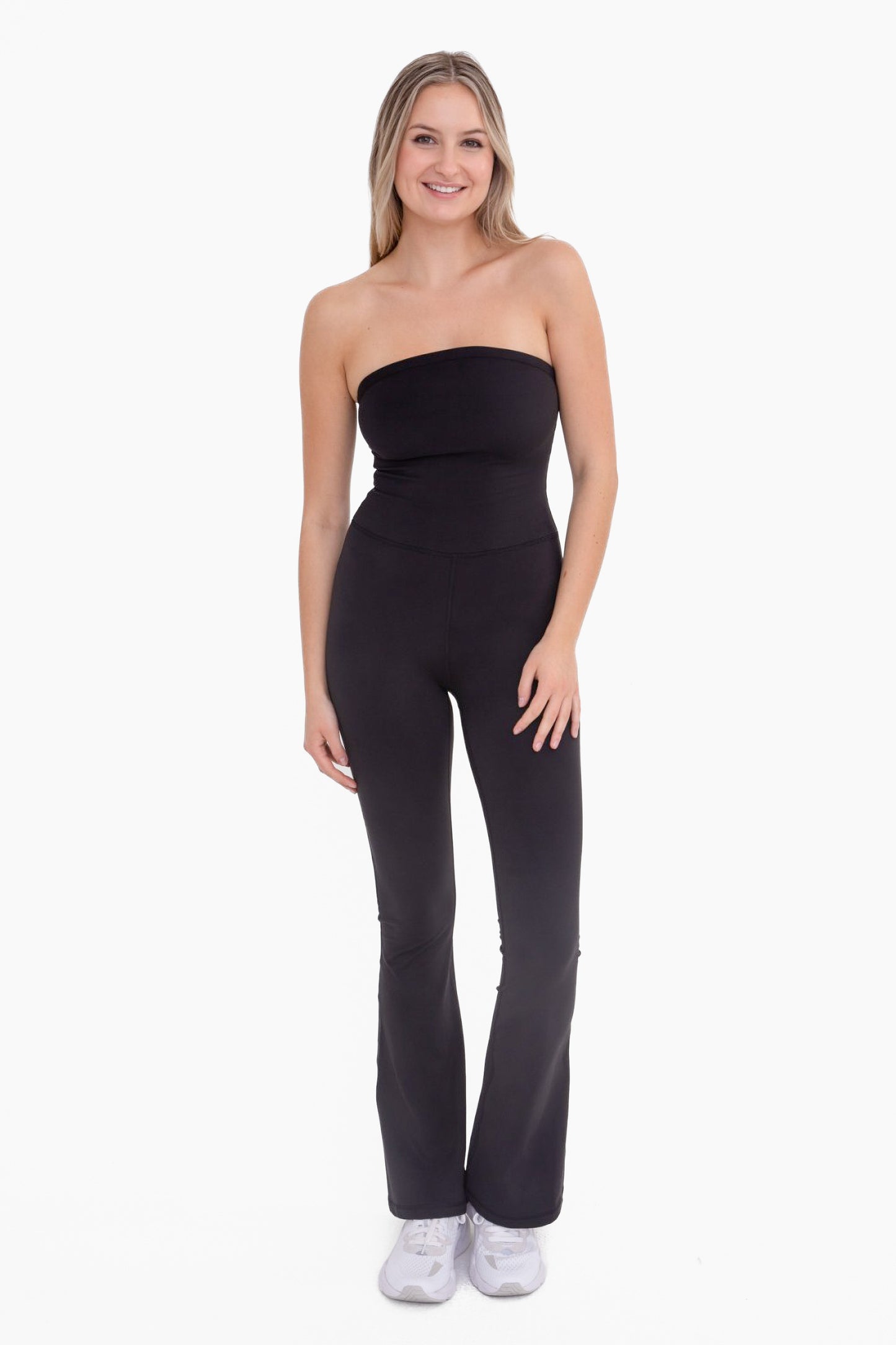 strapless full length flared jumpsuit