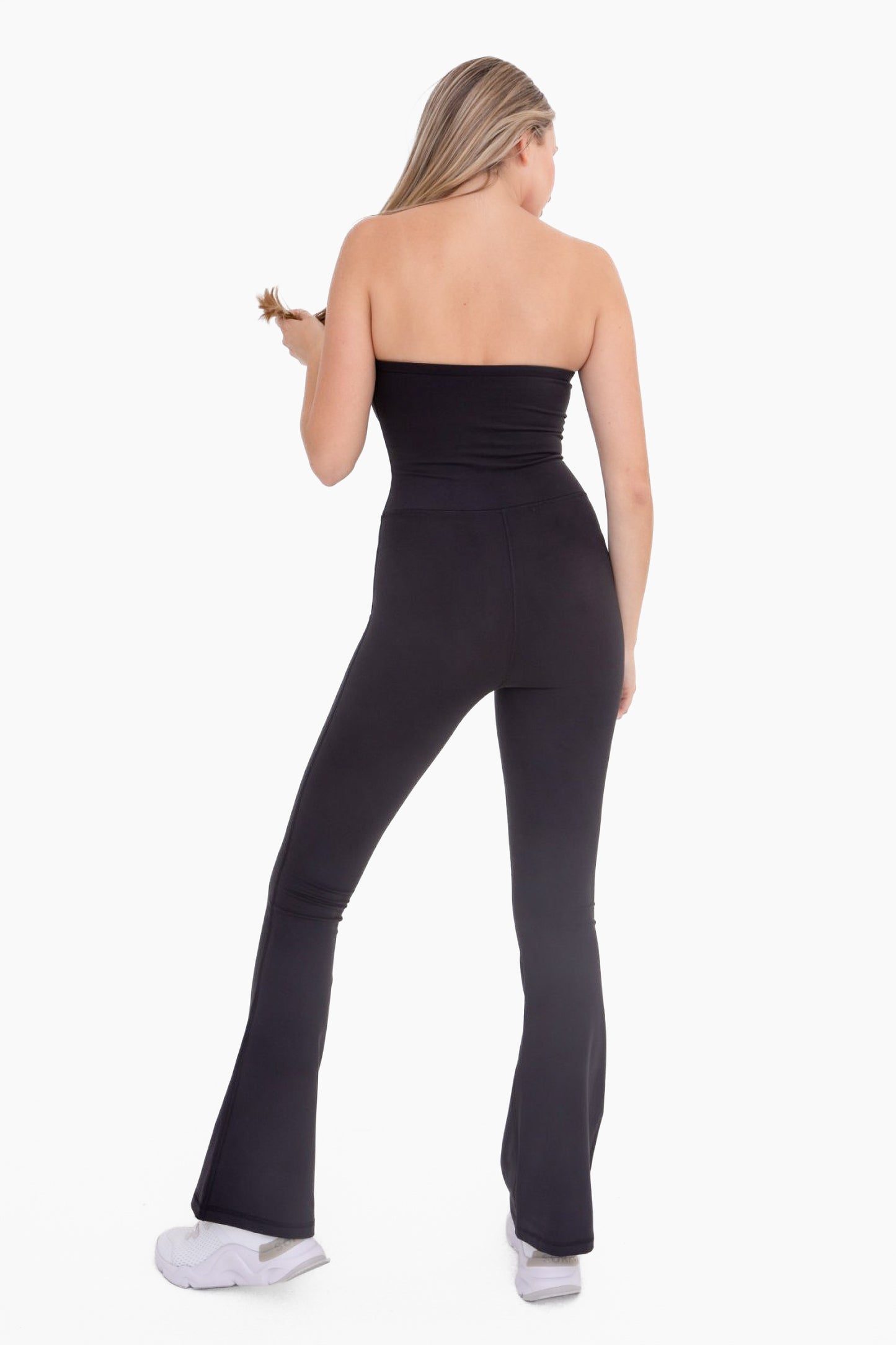 strapless full length flared jumpsuit