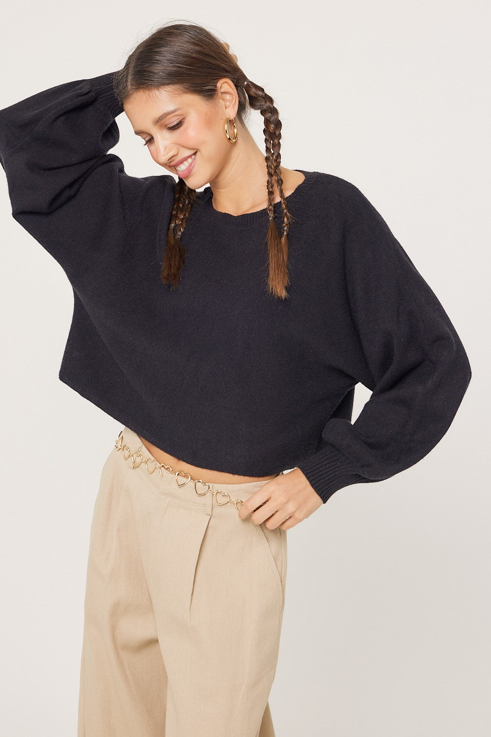 LOOSE FIT PUFF SLEEVE CROP SWEATER TOP