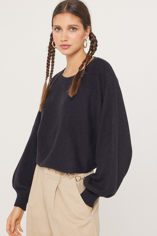 LOOSE FIT PUFF SLEEVE CROP SWEATER TOP