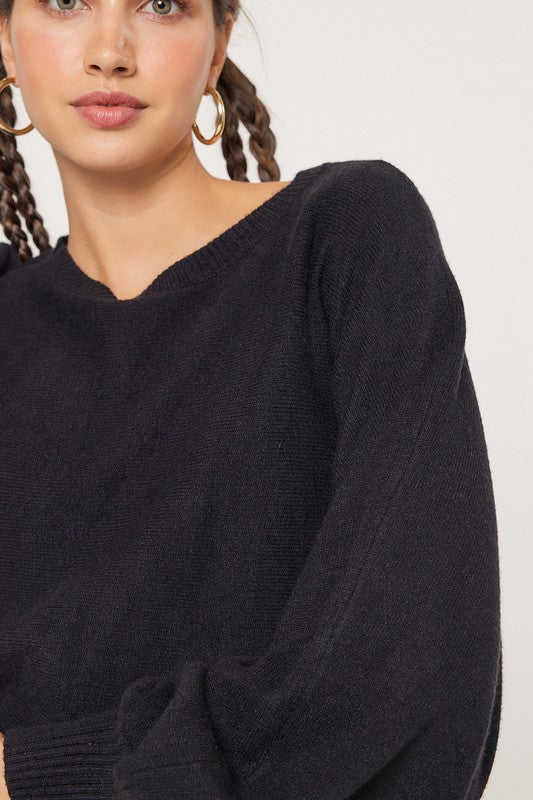 LOOSE FIT PUFF SLEEVE CROP SWEATER TOP