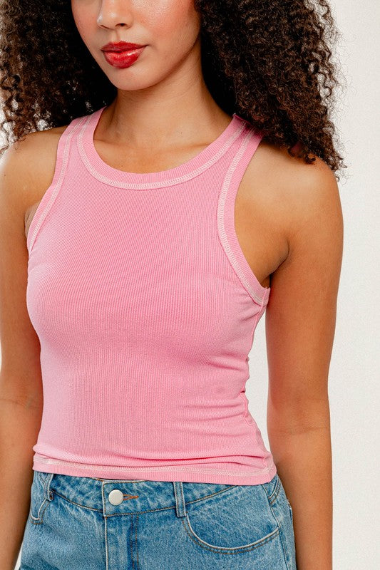 BABY PINK ROUND NECK RIBBED TANK WITH REVERSED STITCH