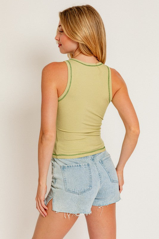 LIME ROUND NECK RIBBED TANK WITH REVERSED STITCH