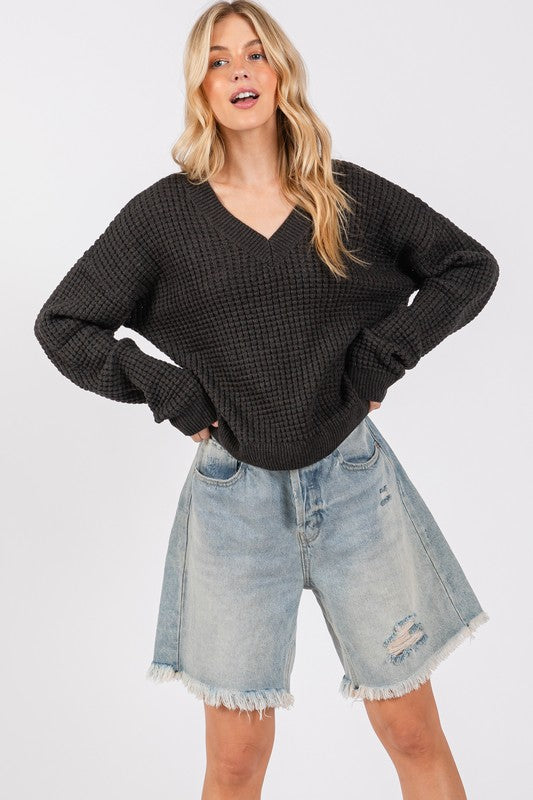 Waffle Mineral Wash Sweater Top