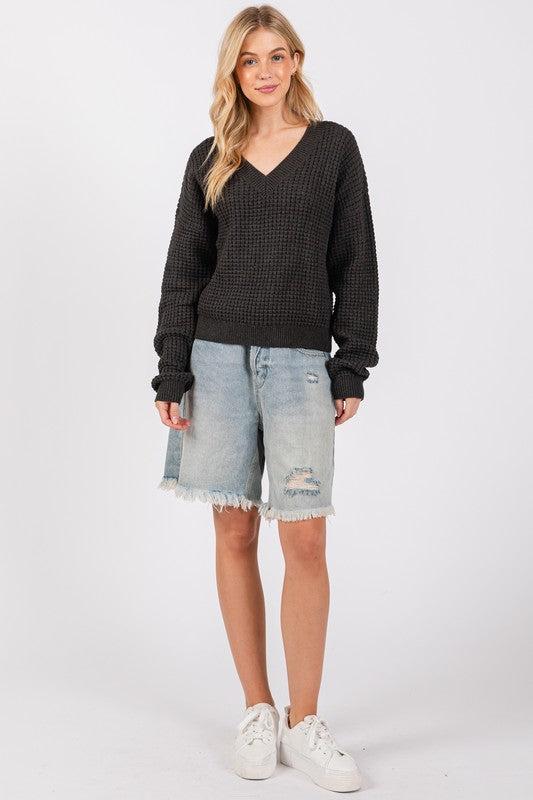 Waffle Mineral Wash Sweater Top