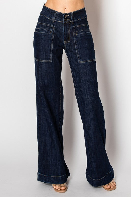 Wide Leg Dark Blue Denim Jeans