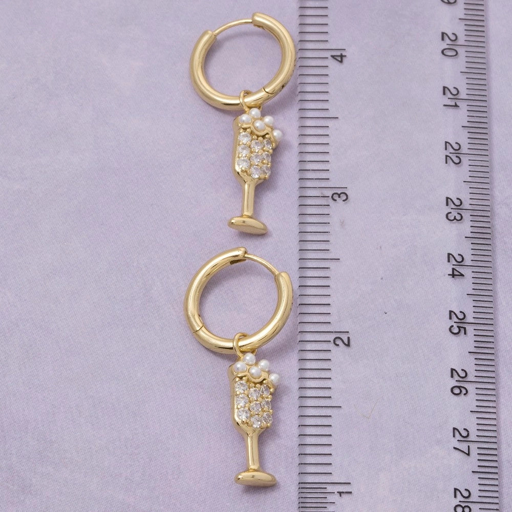 Gold Dipped Cz Pearl Champagne Charm Hoop Earrings