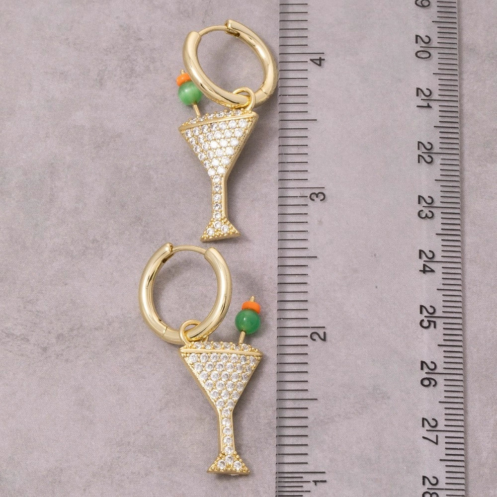 Gold Dipped Pave Martini Glass Hoop Earrings