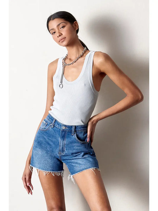 High Rise Trim Midi Stretch Denim Shorts