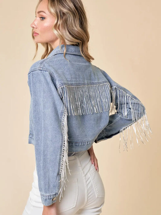 denim and rhinestone cropped jacket