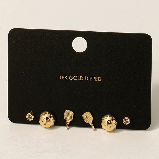 Gold Dipped Cz Studded Pickle Ball Themed Stud Earring Set