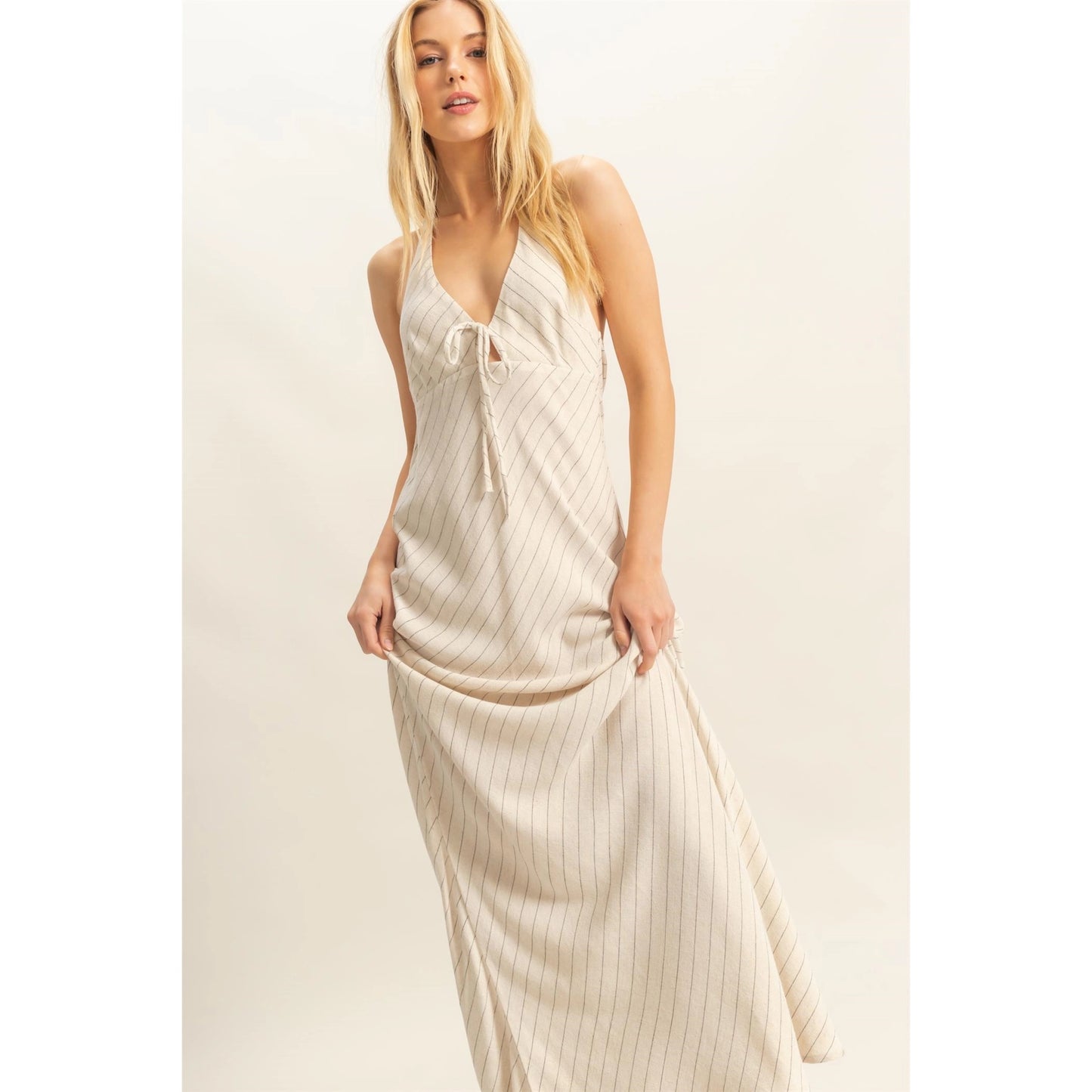 Striped Halter Neck Linen Maxi Dress