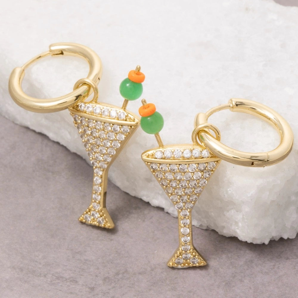 Gold Dipped Pave Martini Glass Hoop Earrings
