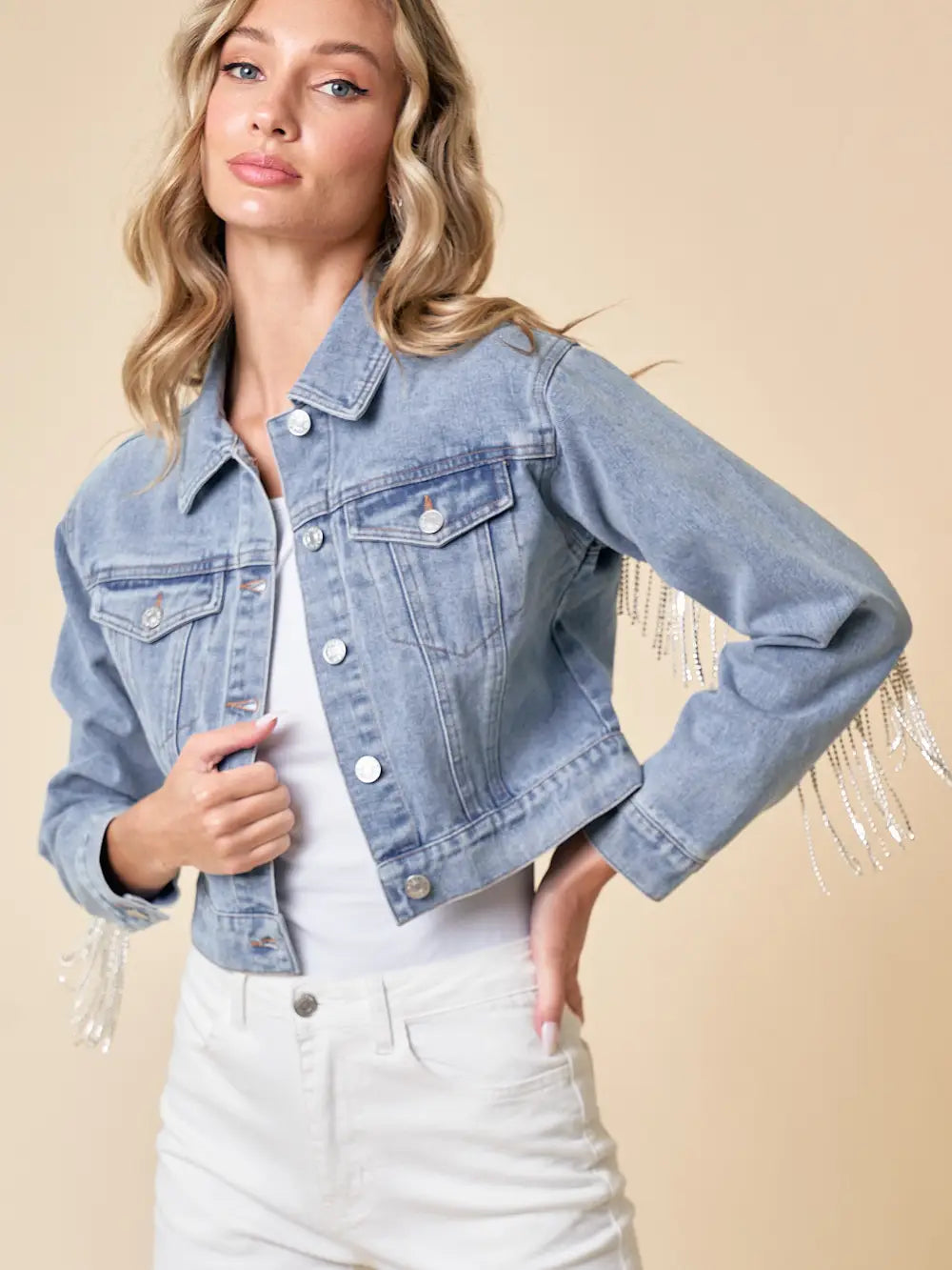 denim and rhinestone cropped jacket