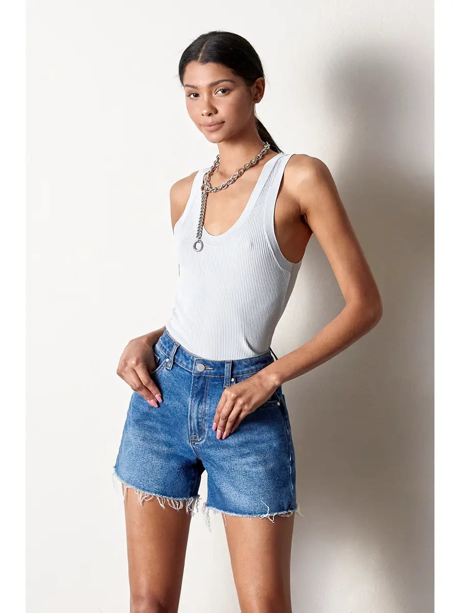 High Rise Trim Midi Stretch Denim Shorts