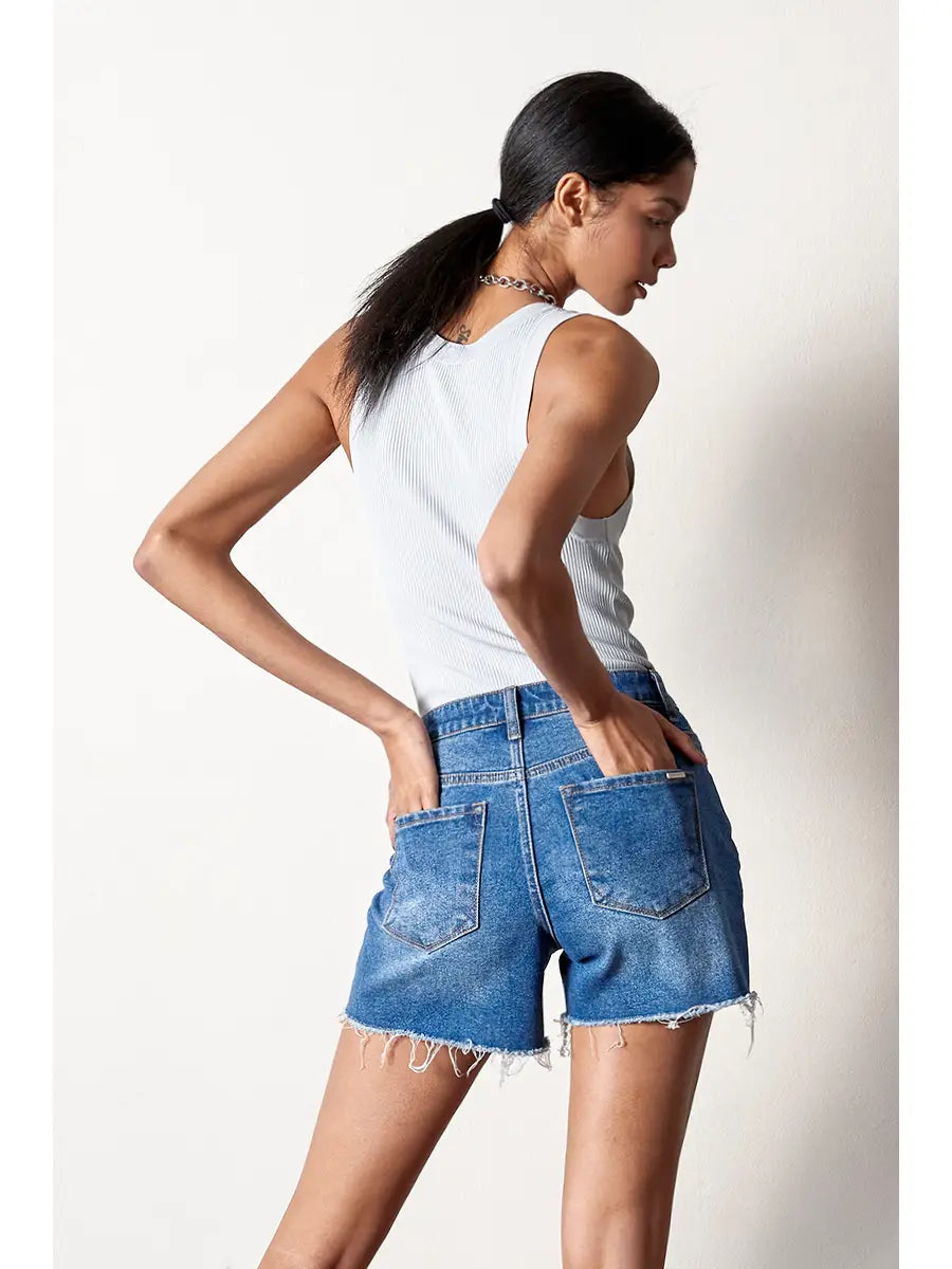 High Rise Trim Midi Stretch Denim Shorts