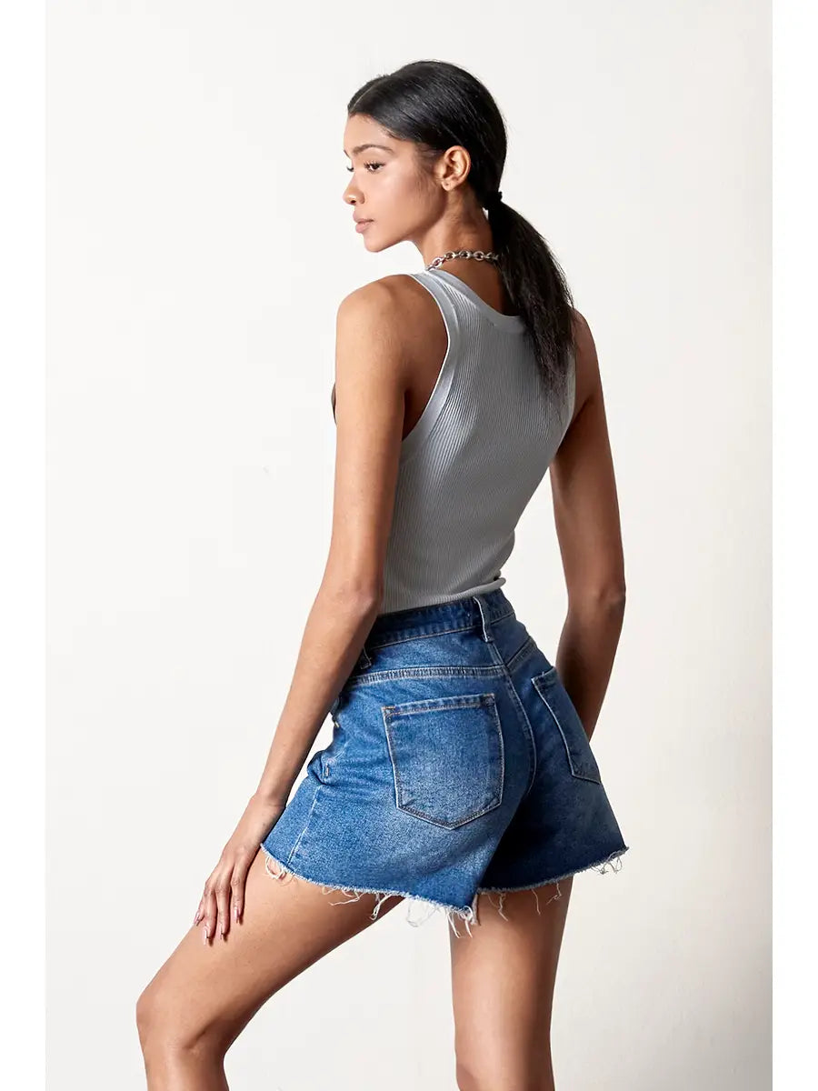 High Rise Trim Midi Stretch Denim Shorts