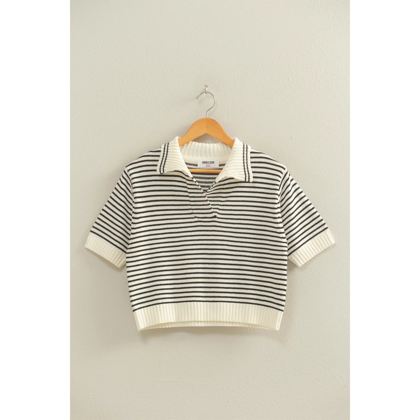 Striped Collared Short Sleeve Knit Top