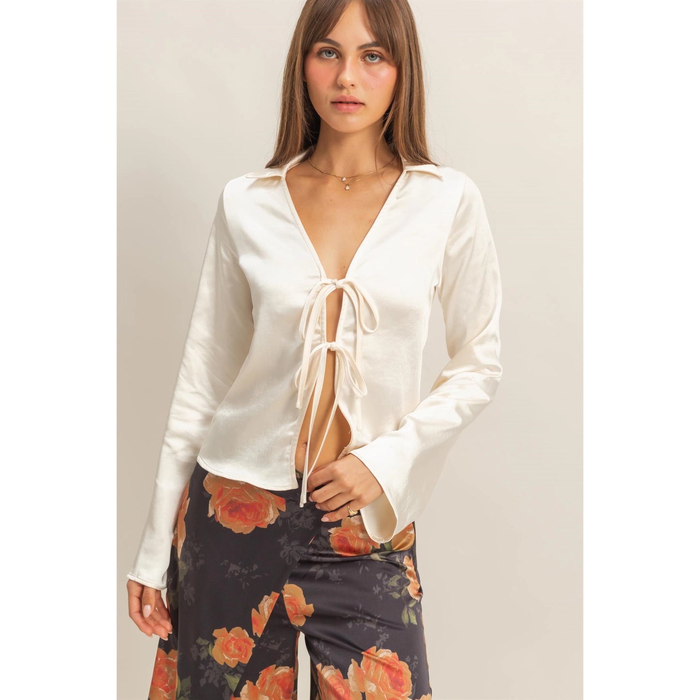 Chic Satin Tie-Front Blouse