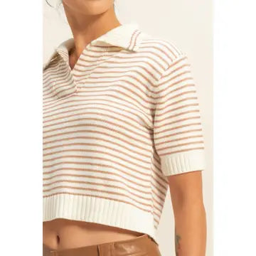 Striped Collared Short Sleeve Knit Top