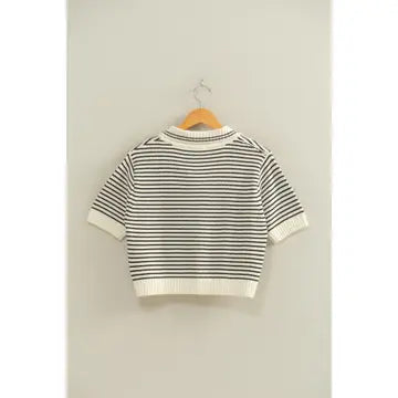 Striped Collared Short Sleeve Knit Top