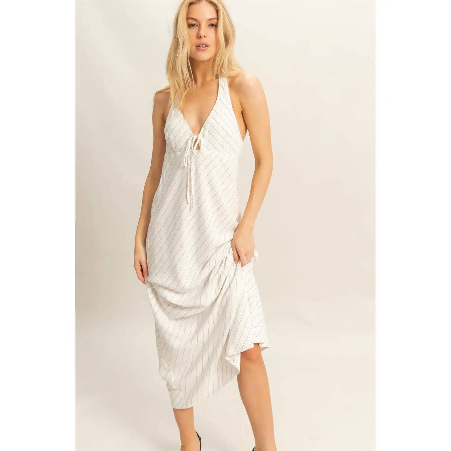 Striped Halter Neck Linen Maxi Dress