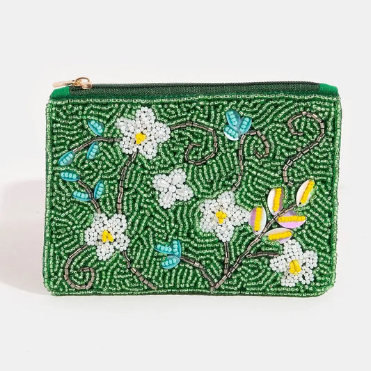 Green Floral beaded coin purse
