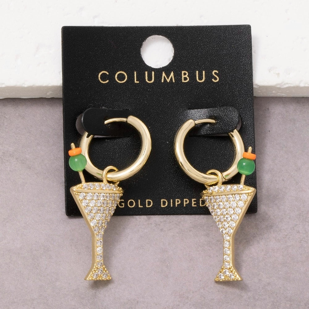 Gold Dipped Pave Martini Glass Hoop Earrings