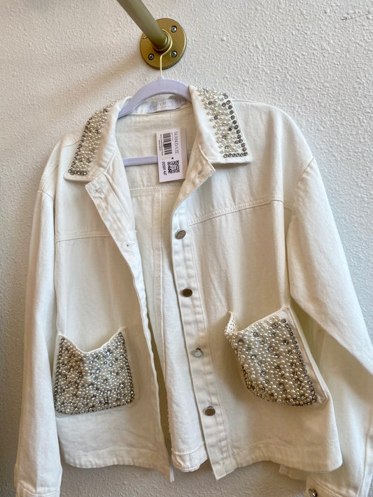 Pearl & Rhinestone White Denim jacket