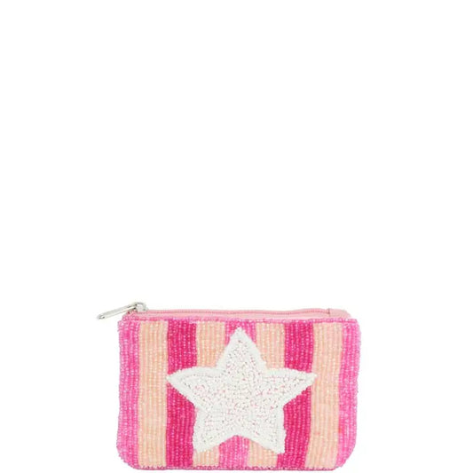 Pink Stripe Star beaded coin purse