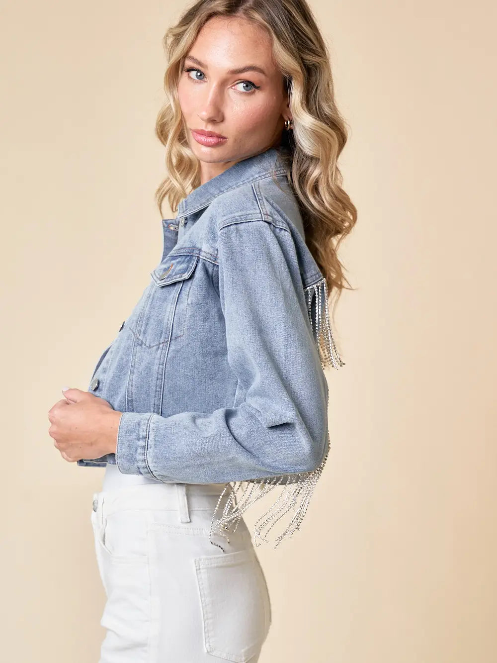 denim and rhinestone cropped jacket