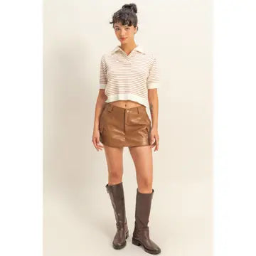 Striped Collared Short Sleeve Knit Top