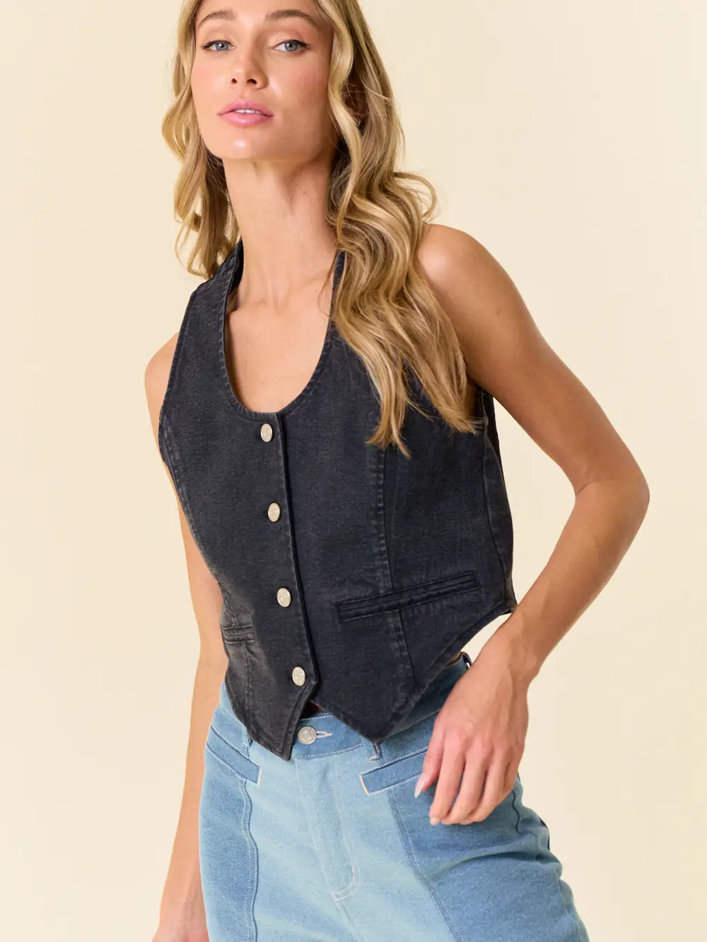 Black Button Down Jean Vest